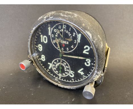 A Russian airforce aviation clock OTK 31 with subsidiary dials for 'Flying Time Mode' and a stop watch. 