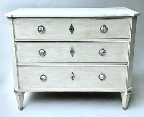 GUSTAVIAN COMMODE, early 19th century, Swedish traditionally grey painted, with three long drawers, silvered metal mounted, 1