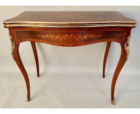 SERPENTINE CARD TABLE, 75cm H x 85cm x 42cm, circa 1880, French rosewood, tulipwood, marquetry and brass mounted with green b