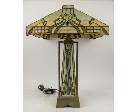 TIFFANY STYLE LAMP, Art Deco style stained glass, 68cm H x 43cm. 