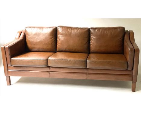 DANISH SOFA, 1970's, mid brown leather three seater, 185cm W. 