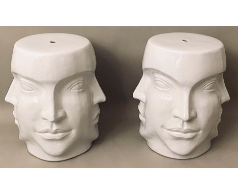 BARREL STOOLS, a pair, 44cm x 38cm x 38cm, surrealist style, glazed ceramic. (2) 