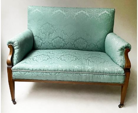 SOFA, 128cm W, Edwardian mahogany and satinwood inlaid, with cord trimmed brocade upholstery. 