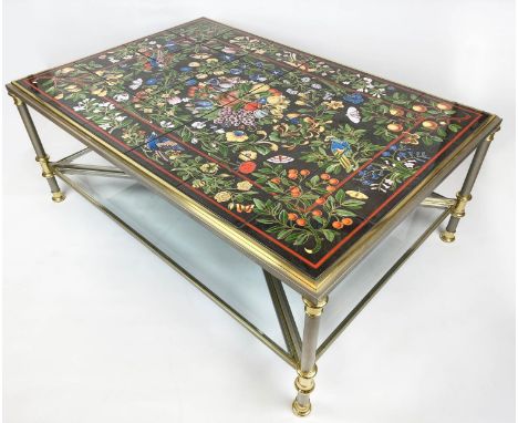 LOW TABLE, 49cm H x 125cm x 85cm, Continental ceramic tiled top decorated with exotic flora and fauna, on a brushed steel and