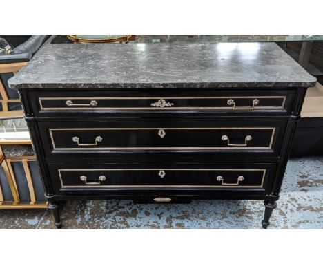 COMMODE, 122.5cm x 54cm x 88cm, Directoire style, ebonised and brass mounted with marble top above three drawers. 