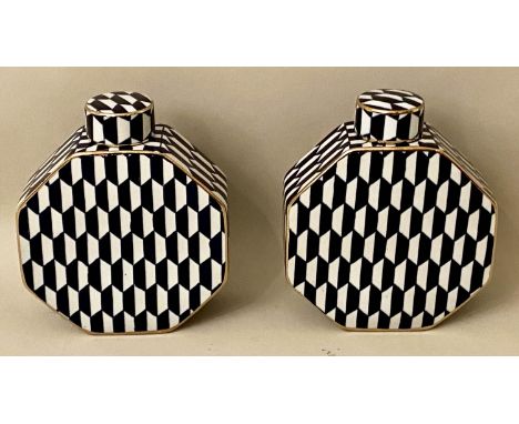 GINGER JARS, a pair, 30cm x 24cm x 10cm, glazed ceramic, 1960's style geometric print design. (2) 