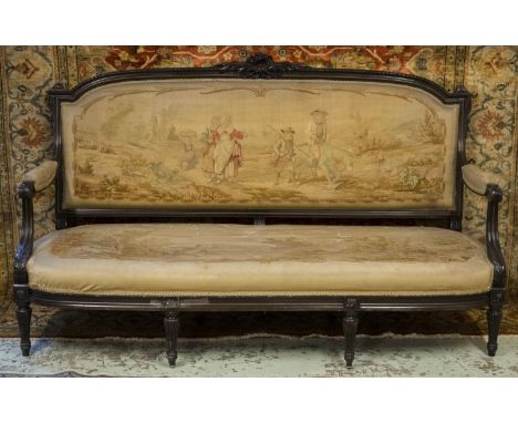 CANAPE, 109cm H x 183cm W, circa 1870, Napoleon III, brown lacquered and brass mounted, with Aubusson tapestry covers. 