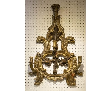 WALL LIGHT, 66cm x 99cm H, 17th century Italian, silvered wood with three sconces. 