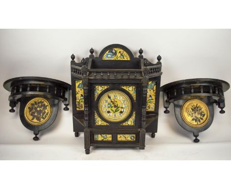 AESTHETIC MOVEMENT MANTEL CLOCK, ebonised with gilt and chinoiserie hand painted bird and foliate decorated panels with match