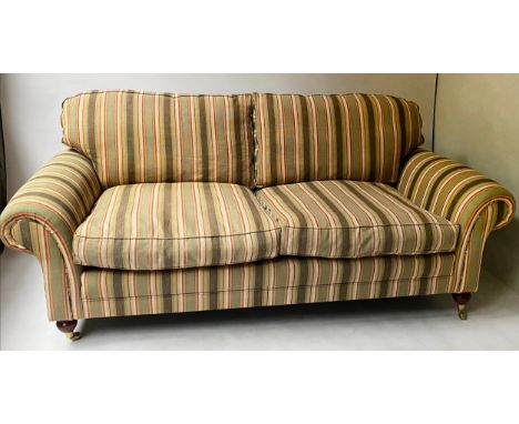 SOFA, 212cm W, traditional three seater, with scroll arms and turned supports. 