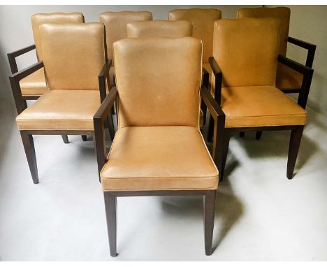 DINING ARMCHAIRS, a set of eight, piped light tan leather with square section tapering supports, 53cm W. (8) 