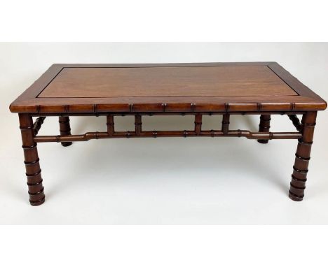 LOW TABLE, 115cm x 55cm x 45cm, Chinese padouk wood, faux bamboo, together with a matching lamp table, 55cm sq x 55cm H. (2) 