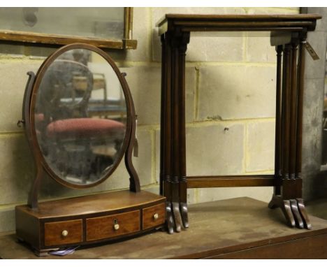 A nest of three mahogany tea tables, width 48cm depth 33cm height 67cm, and an oval swing frame toilet mirror with bow-fronte