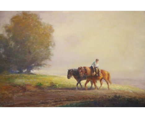 Eugène Péchaubès (1890-1967), oil on board, Farmer and horses returning from the fields, signed, 48 x 71cmCONDITION: A little