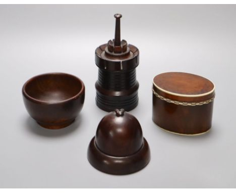 A 19th century lignum vitae turret shaped jar and cover, a similar acorn shaped string box and bowl, and a stained sycamore a