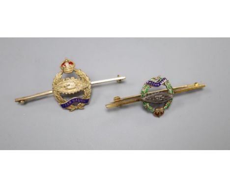 A 9ct gold, white metal and three colour enamel Royal Tank Regiment bar brooch, 47mm, gross 4.3 grams and a similar 9ct and t