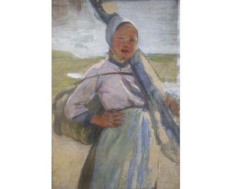 English School c.1900, oil on canvas laid on board, Sketch of a Breton fishergirl, 51 x 35cm