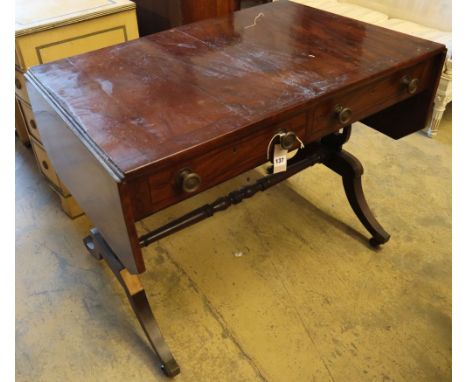 A Regency mahogany sofa table, with ebony stringing, and two frieze drawers, width 97cmCONDITION: Of good rich colour, top ha