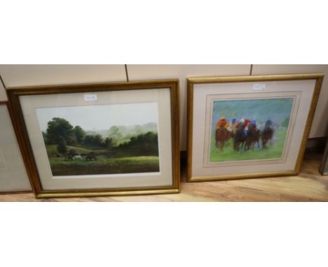 Constance Halford Thompson, pastel, Horse racing scene, 31 x 35cm and a signed colour print of horses in a meadowCONDITION: B