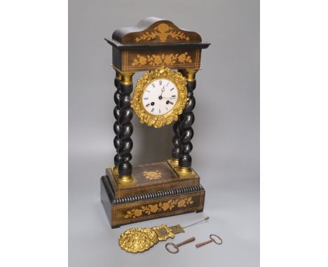 A 19th century French marquetry and ebonised Portico clock, Japy Freres movement, count-wheel striking on a bell, 48cm