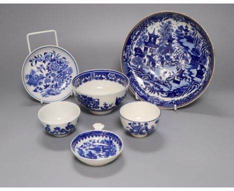 A Worcester 'Pagoda' saucer dish, 'Fisherman &amp; Cormorant' strainer, 'Bat' bowl, a 'Fence' saucer and two tea bowls in Bir