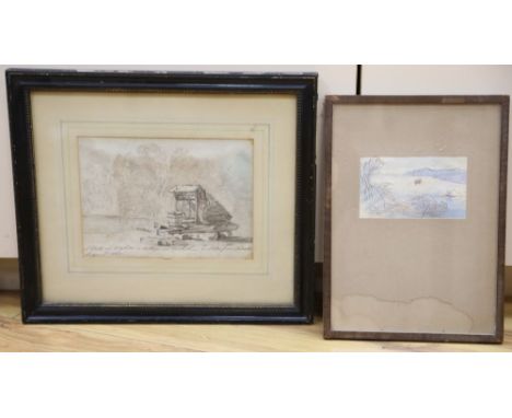 Attributed to Francis Towne (1739-1816), ink and watercolour, Eastern mediterranean landscape, 7 x 12.5cm and a sketch of a w