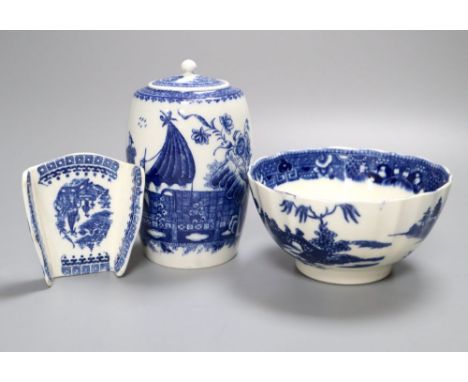 A Caughley Fisherman pattern tea caddy and asparagus holder and a Pagoda pattern sugar bowl, c.1780-90, tallest 13cm (3)