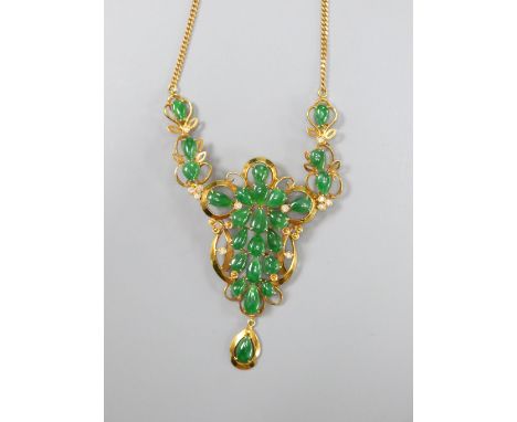 A 20th century Italian Uno-A-Erre, 585 yellow metal , pear shaped jade and diamond chip cluster set drop necklace, approx. 49