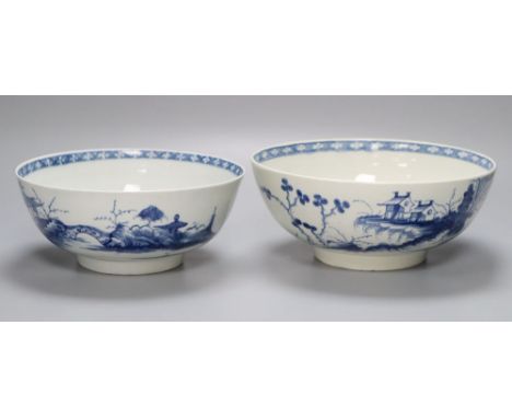 Two Worcester 'The Precipice' bowls, c.1765-70, largest diameter 21cmCONDITION: Larger of two bowls has a fine crack running 