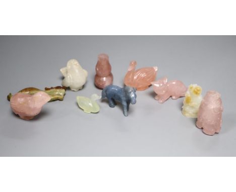 A Chinese white russet jade group of Budai and a lion dog, 5.2cm and various hardstone carvingsCONDITION: Good condition.