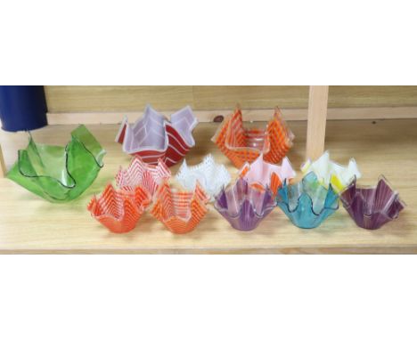 A collection of twelve 1960s/70s glass handkerchief vases, 10.5 - 17.5cm highCONDITION: Provenance - Andrew Rudebeck collecti