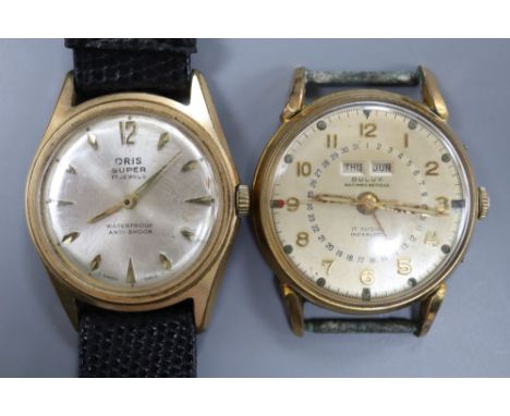 Two gentleman's steel and gold plated manual wind wrist watches, Oris Super and Dulux calendar, both 35mm case diameter ex. c