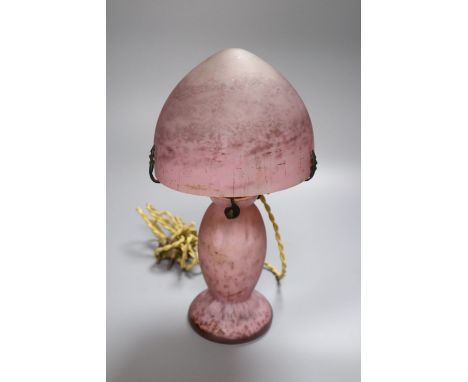A French mottled glass mushroom lamp, signed Lorrain, overall height 28cm
