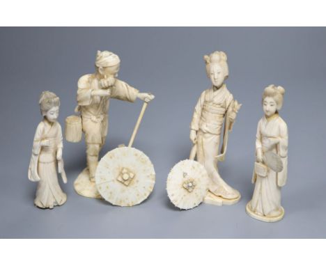 Four early 20th century Japanese sectional ivory figures, tallest 14cmCONDITION: Man with stick - with vertical split at fore