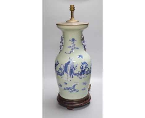 A Chinese celadon baluster converted lamp, height 49cm including stand but excluding metal mounts