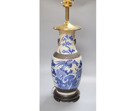 A 19th Chinese blue and white crackle glaze baluster vase, mounted as a lamp, overall height 72cm