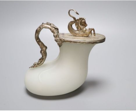 A Grecian revival abraded glass askos vessel, 2nd half 19th century, with electroplate hinged mount and hippocamp finial, 18.