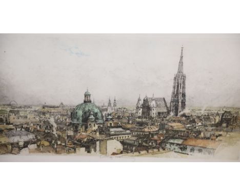 Luigi Kasimir (1881-1962), coloured etching, View of Viennese roof tops, signed in pencil, overall 47 x 77cmCONDITION: Colour