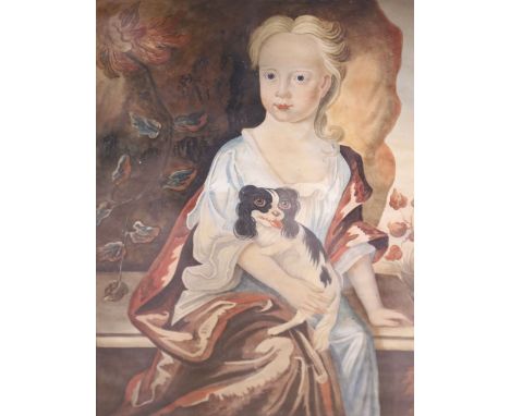 18th century English School, watercolour on paper, Portrait of a young woman seated with a spaniel, 38 x 32cm
