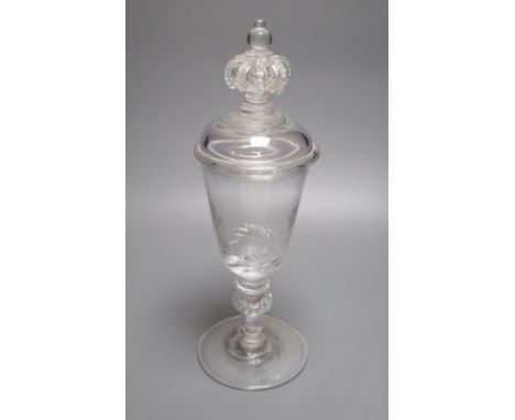 A Norwegian glass goblet and cover, in 17th century German style, the domed cover with crown finial, the bucket shaped bowl a