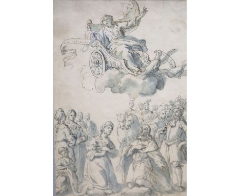 Old Master, ink and wash, Figures kneeling beneath a flying chariot, 31 x 20cm