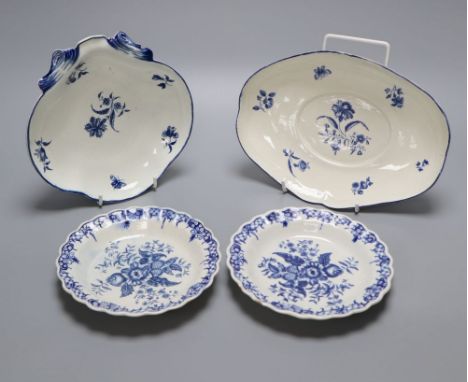 A Worcester Gilliflower pattern dish and stand, 24cm and a pair of Pine Cone pattern plates, 16cm, c.1775, crescent marksCOND