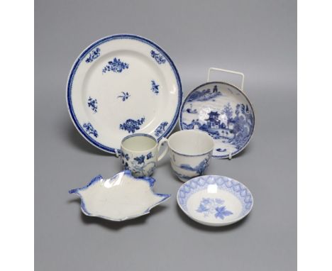A Chaffers Liverpool coffee cup, c.1760 and other blue and white ceramics including a Thomas Turner plate, a Davenport pearlw