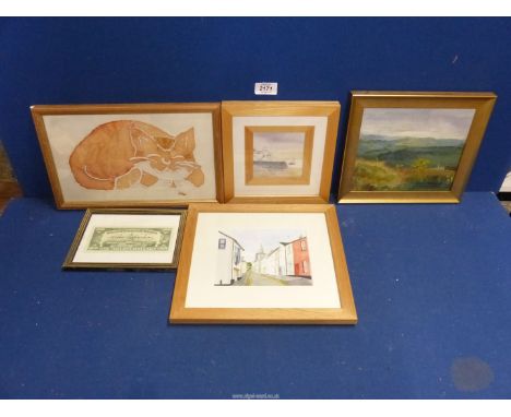 Five framed pictures by Norah Gibson in oils, watercolours and textiles.