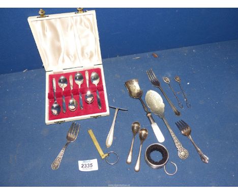 A small quantity of plated cutlery including cased set of teaspoons and a silver dessert fork, Birmingham.