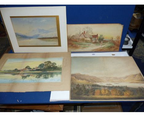 Four unframed watercolours to include Loch by W. Moore, a thatched cottage with figure walking down the path signed E.J. Hugh