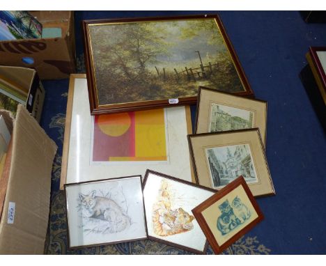 A quantity of Prints to include an enlarged photograph of a baby, a print on board of Norwich Cathedral by R. Hilder, a frame