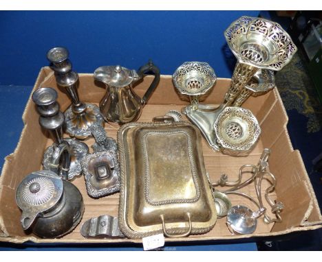 A qty of E.P.N.S. including a four section pierced work Epergne a/f, coffee pots, a pair of Candlesticks, etc.,