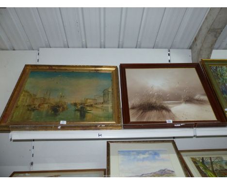 A large gilt framed print on canvas of a Venetian scene, along with a modern seascape oil on canvas in brown tones.