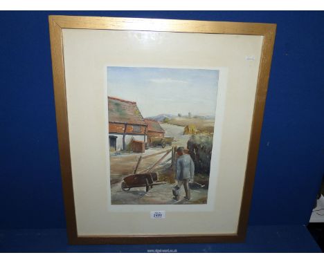 A framed and mounted Watercolour depicting a farm yard scene with a farmer carrying a fork and a bucket with a wheelbarrow an